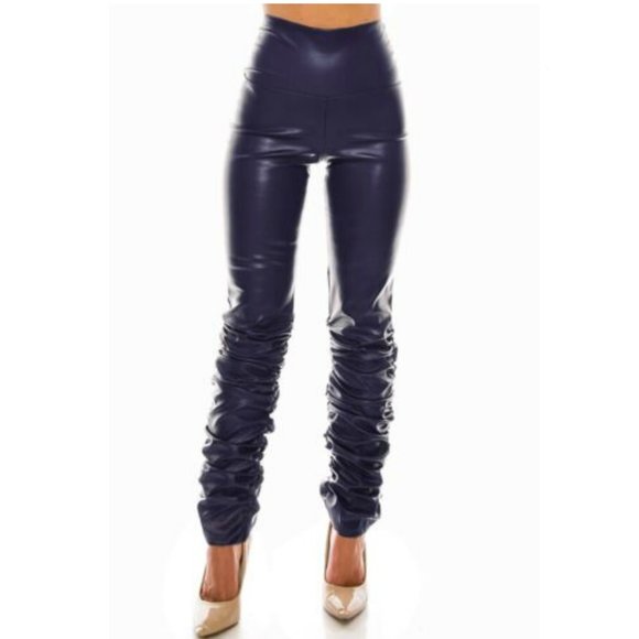 Faux Leather High Waist stretch Pants with ruched leg S,M,L, Blue - Picture 1 of 1